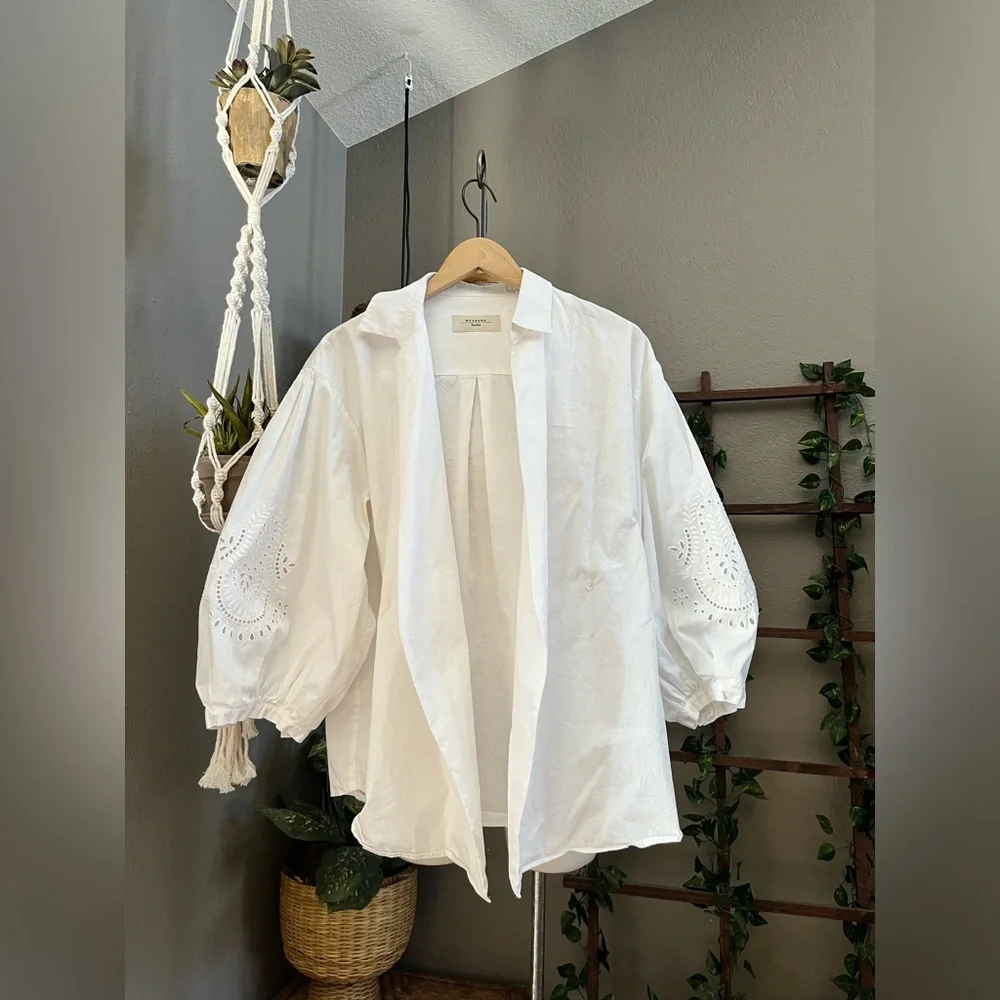 Weekend MaxMara Oversized V Neck Eyelet Wrap Puff Sleeve Blouse Top - Picture 7 of 11